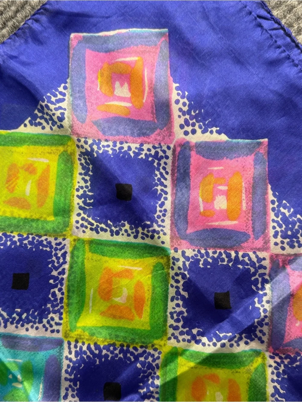 VTG Pure Silk Vibrant Geometric Scarf Blue with Multi-Color Squares 16.5” x 42”